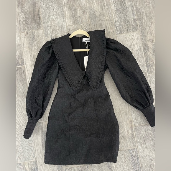NWT GANNI Women's Black Ruffled Cloqué Mini Dress Size 34 - Picture 4 of 8